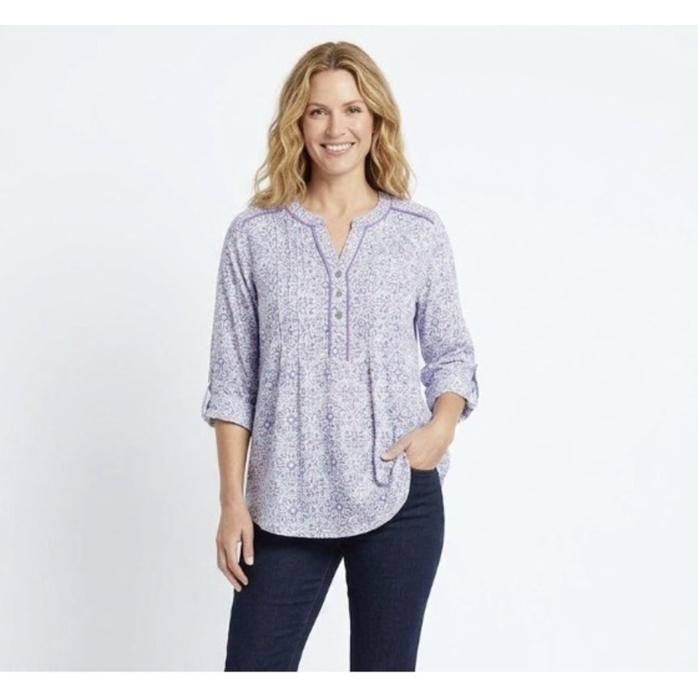 Emily Daniels Purple Geometric Print Y Neck 3/4 Sleeve Soft Rayon Blouse XL